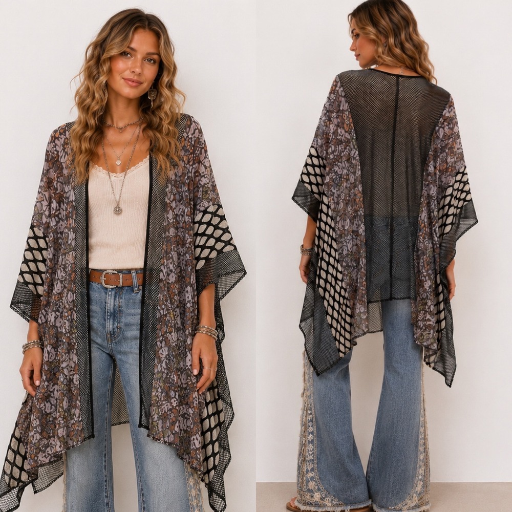 Soft Surroundings Kimono One Size Mixed Media Floral Lace Mesh Open Front‎ Wrap